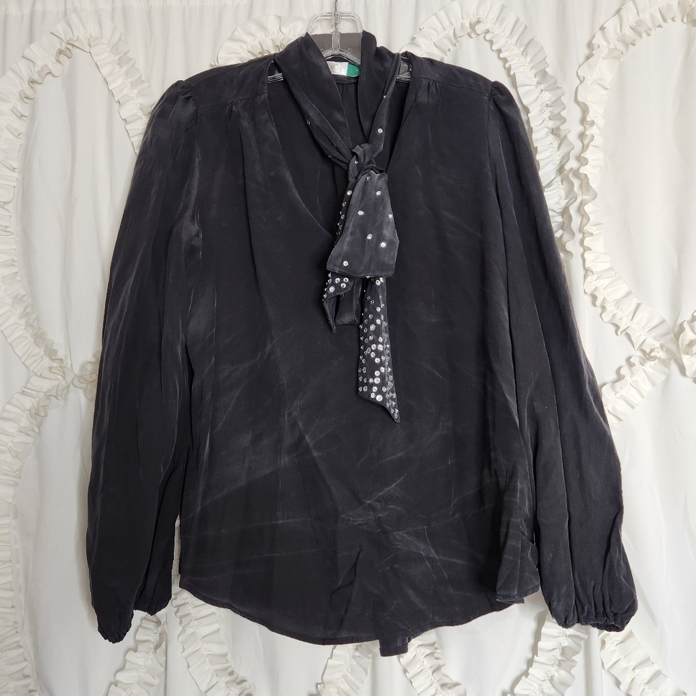 Rixo London Silk Moss Long Sleeve top black gemstone tie neck Size Small
